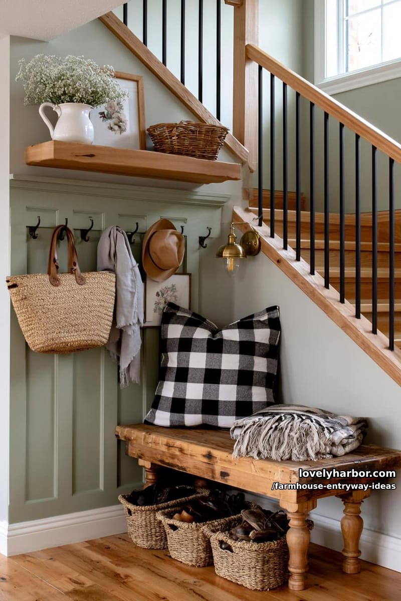 entryway under staircase with sage board and batten wall, bench, and baskets. 1