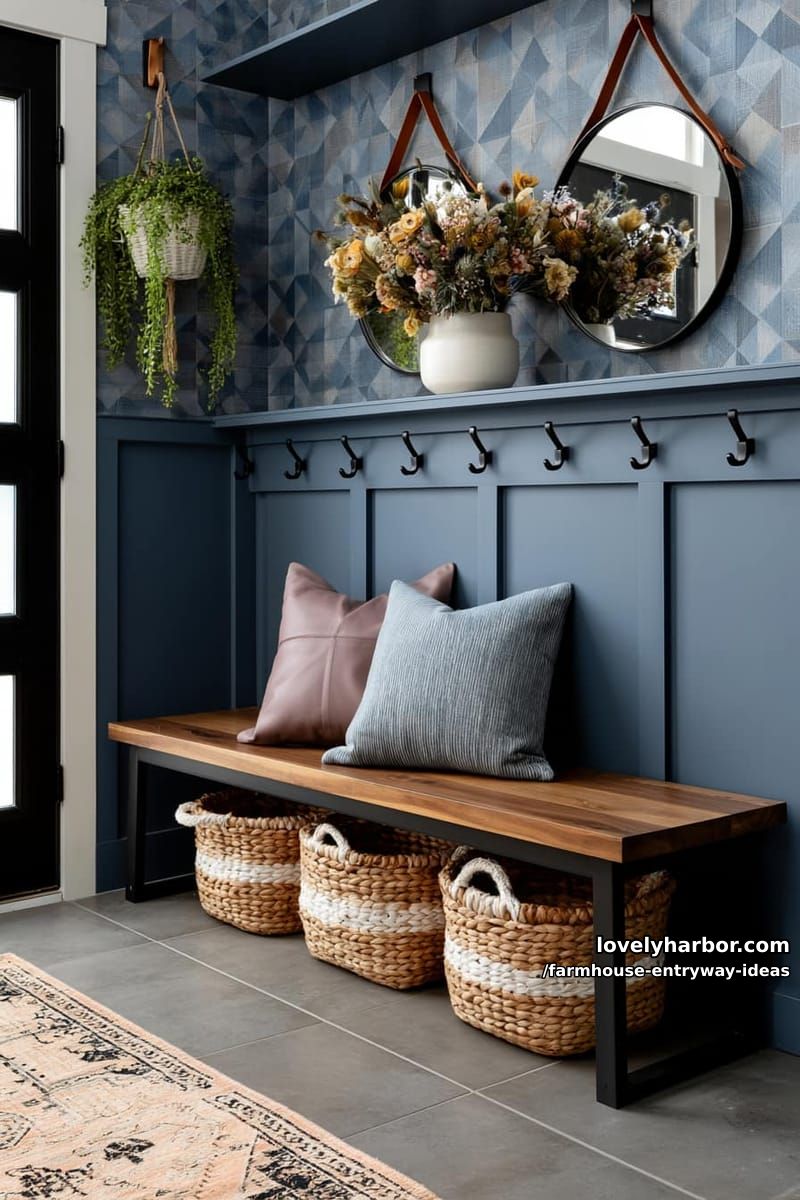 entryway with bench, blue paneled wall, round mirrors, and dried florals. 1