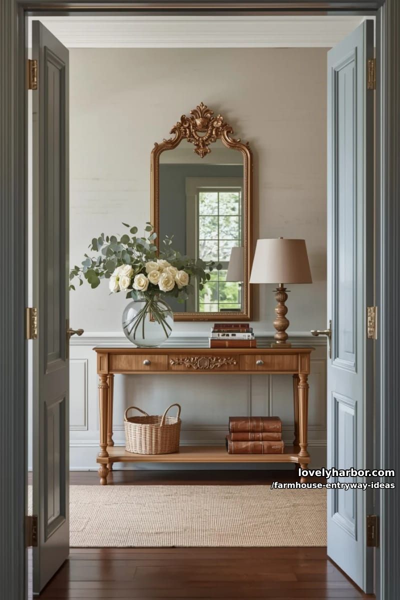 entryway with blue double doors, carved console, vintage mirror, and jute rug. 1