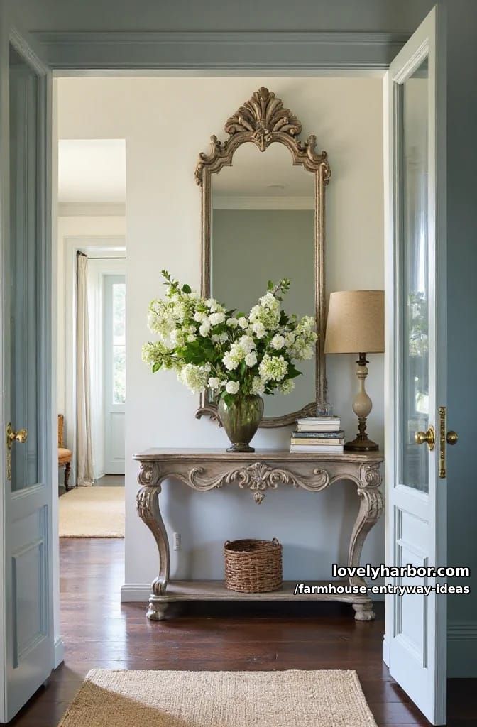 entryway with blue double doors, carved console, vintage mirror, and jute rug. 1