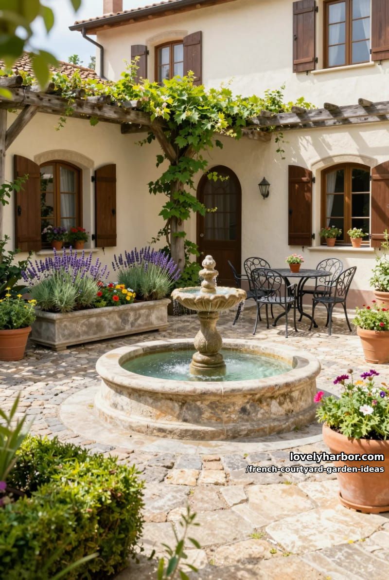 european backyard with stucco house, pergola, stone planters, water feature, and dining set. 1