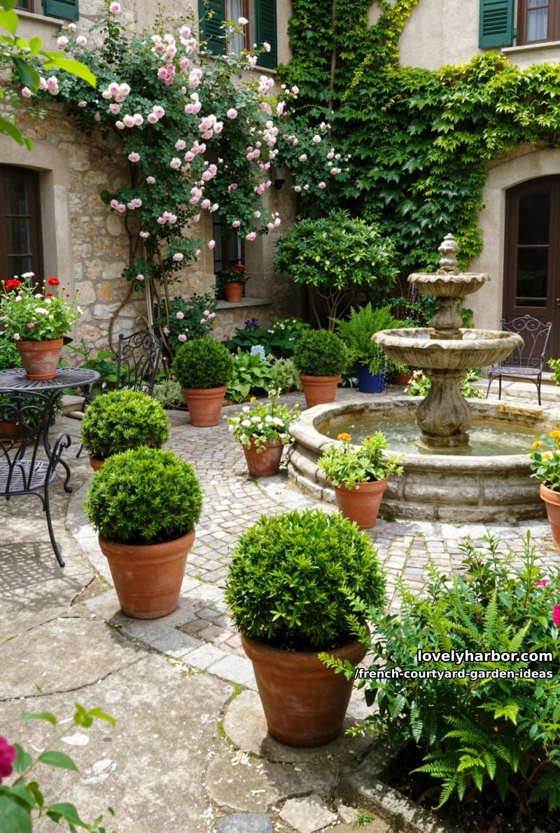 european courtyard with cobblestones, climbing roses, stone fountain, and abundant greenery. 1