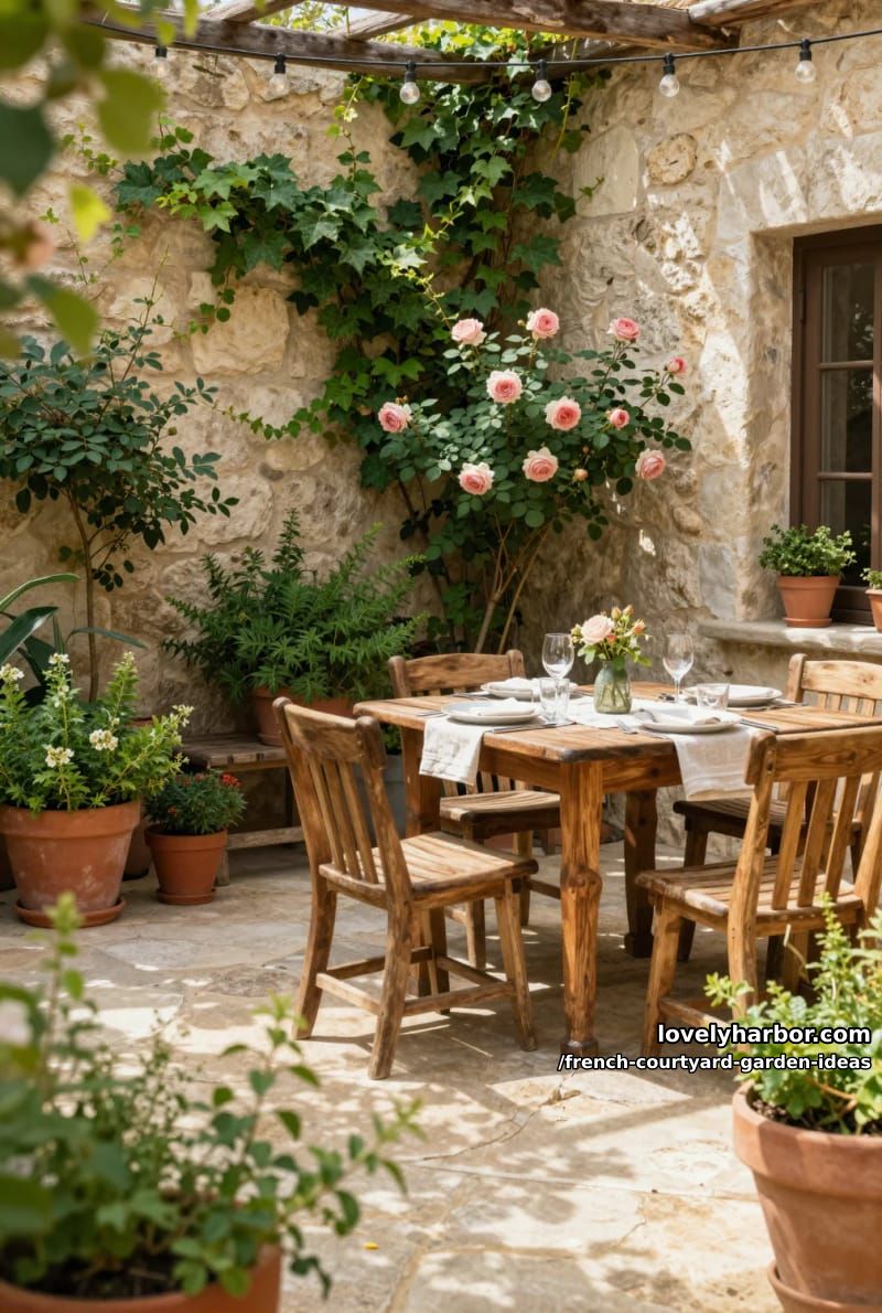 european patio with rustic wood furniture, terracotta pots, roses, and string lights. 1