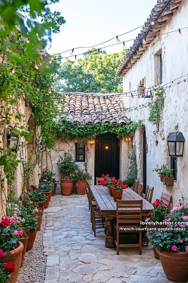 european patio with rustic wood furniture, terracotta pots, roses, and string lights. 1