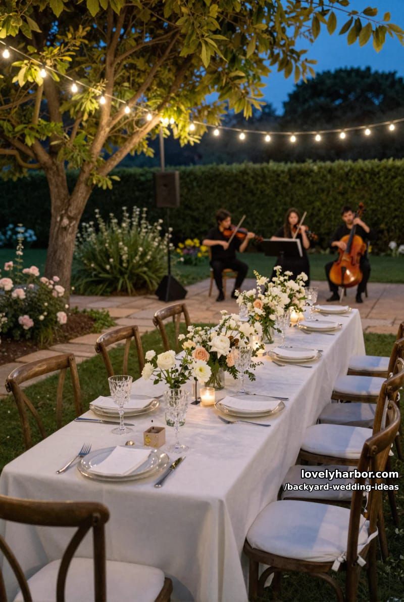 evening garden wedding with banquet table, string lights, and musicians. 1