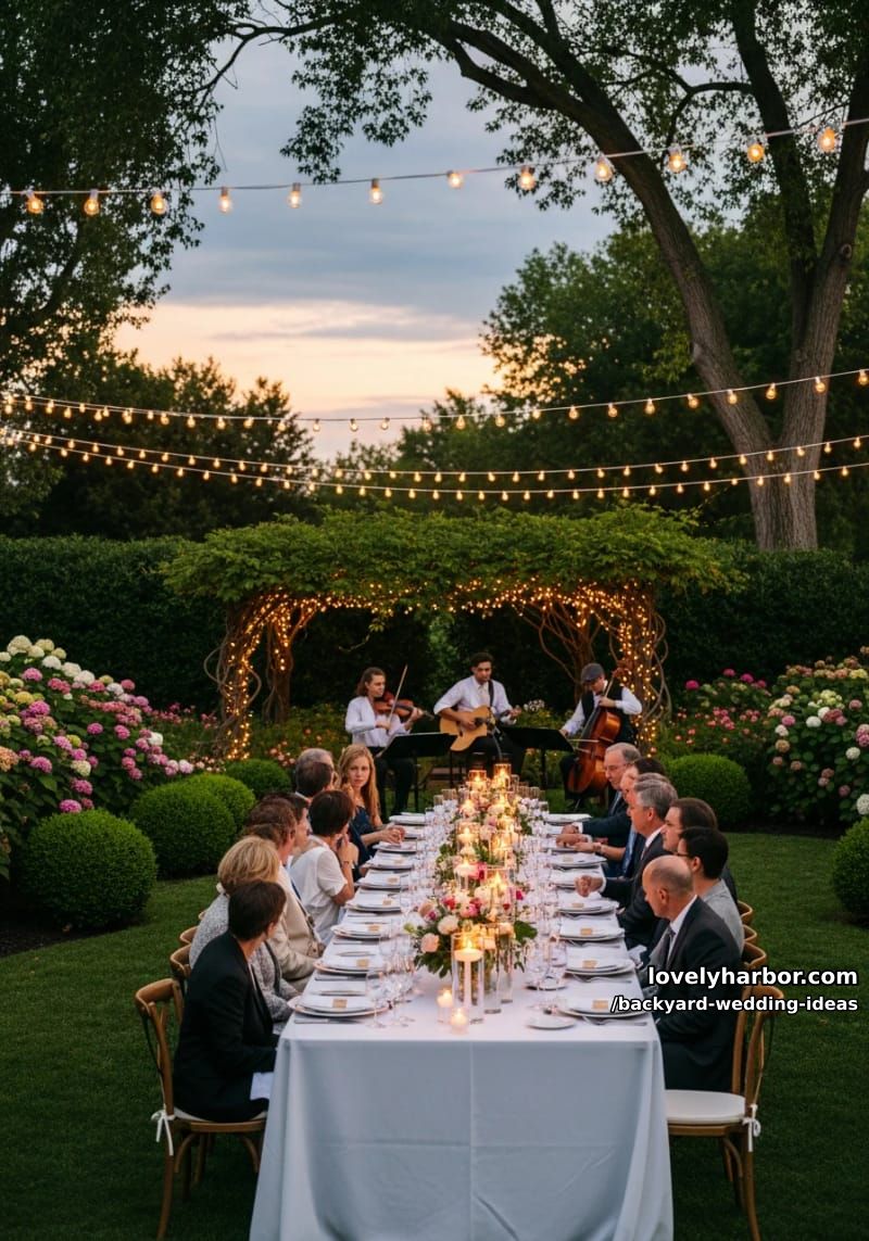 evening garden wedding with banquet table, string lights, and musicians. 1