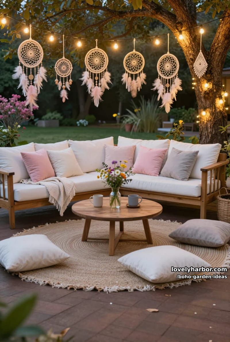 evening patio with sofa, pastel pillows, dreamcatchers, and string lights. 1