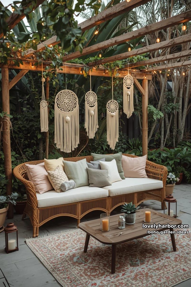 evening patio with sofa, pastel pillows, dreamcatchers, and string lights. 1