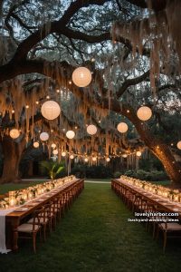 evening reception under trees with spanish moss, paper lanterns, and candles. 28