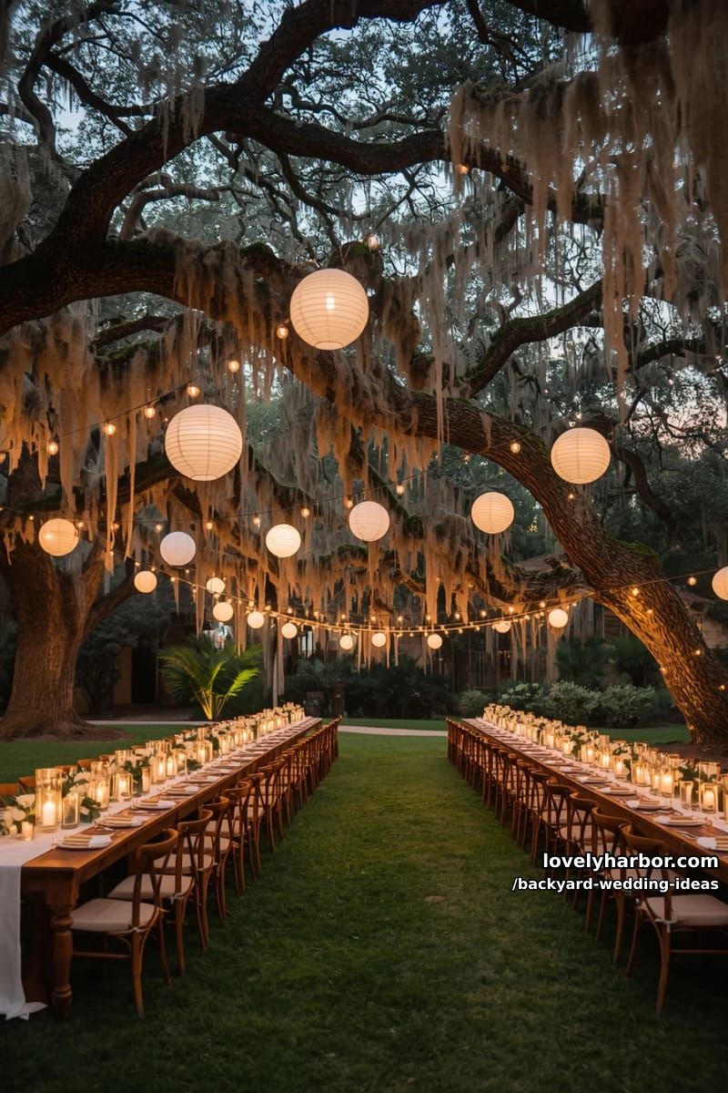 evening reception under trees with spanish moss, paper lanterns, and candles. 1