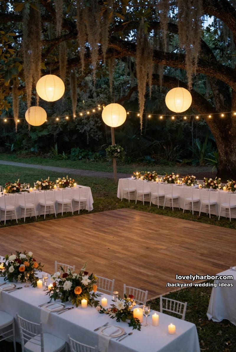 evening reception under trees with spanish moss, paper lanterns, and candles. 1