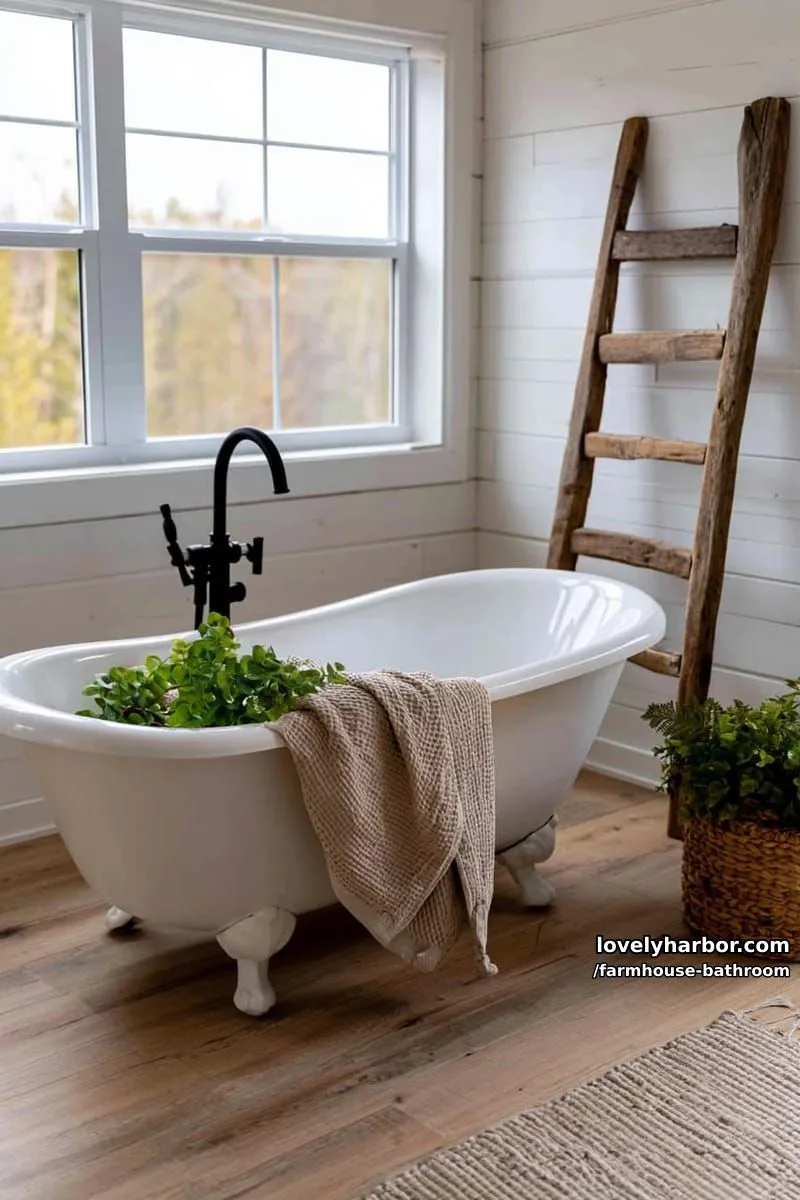 farmhouse bathroom with clawfoot tub, wood ladder towel rack, and light wood floors. 1