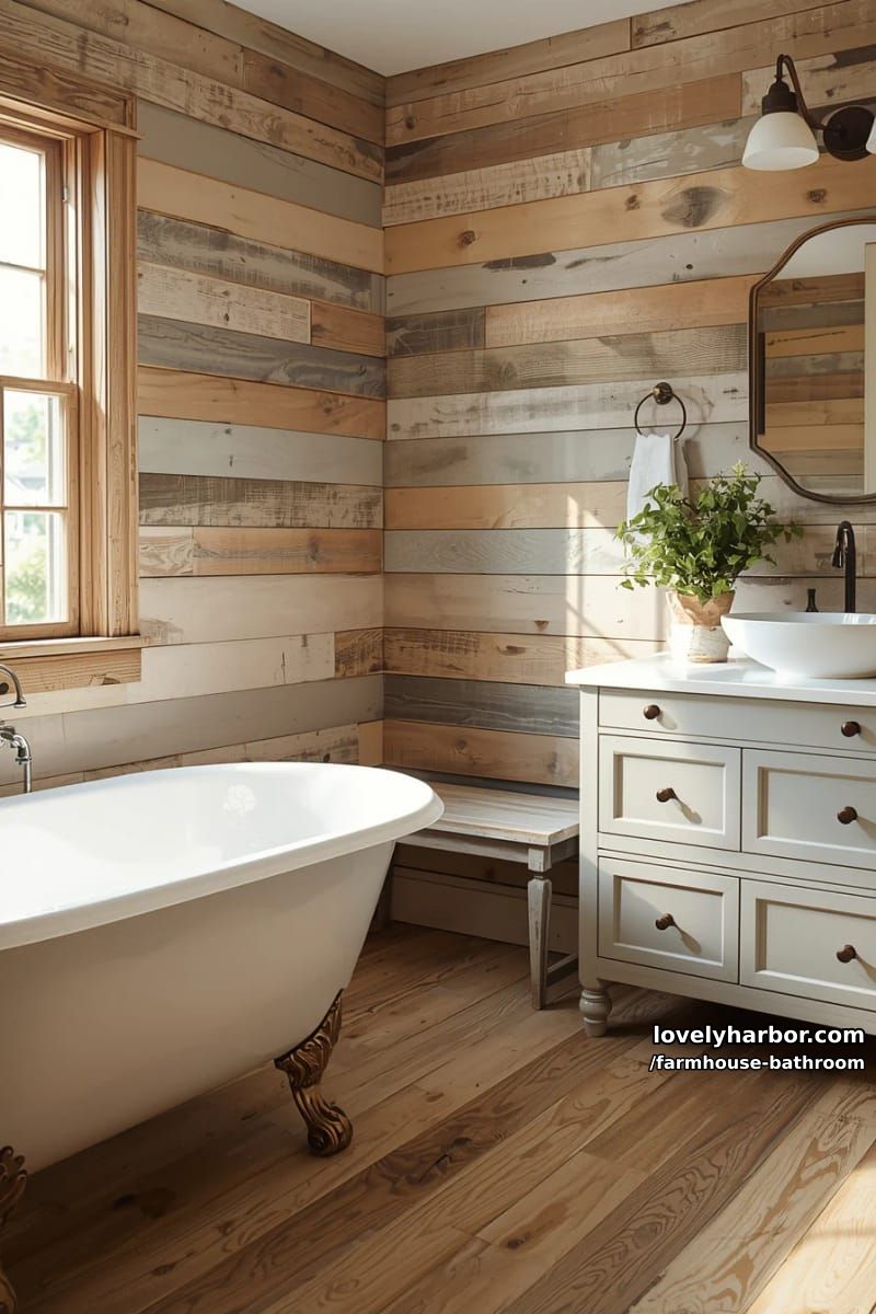 farmhouse bathroom with clawfoot tub, wood plank wall, light gray vanity, and bench. 1
