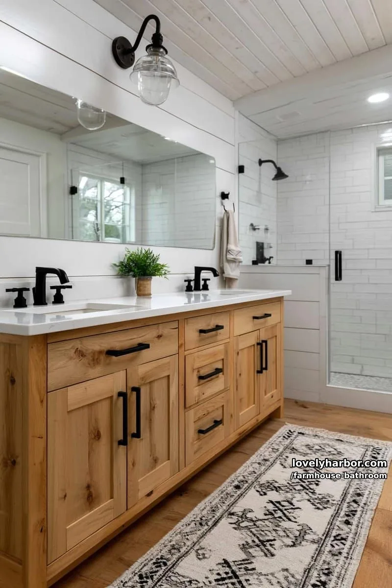 farmhouse bathroom with double sink wood vanity, black fixtures, walk-in shower. 1