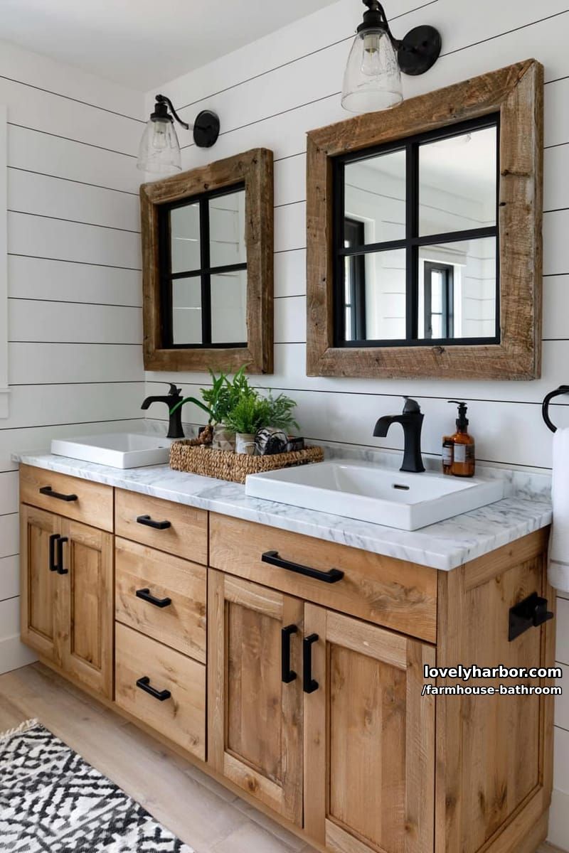 farmhouse bathroom with double wood vanity, marble countertop, black mirrors, and rug. 1