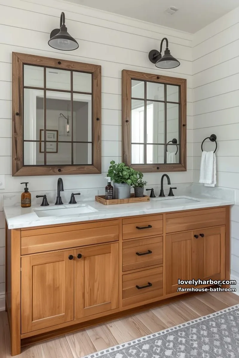 farmhouse bathroom with double wood vanity, marble countertop, black mirrors, and rug. 1