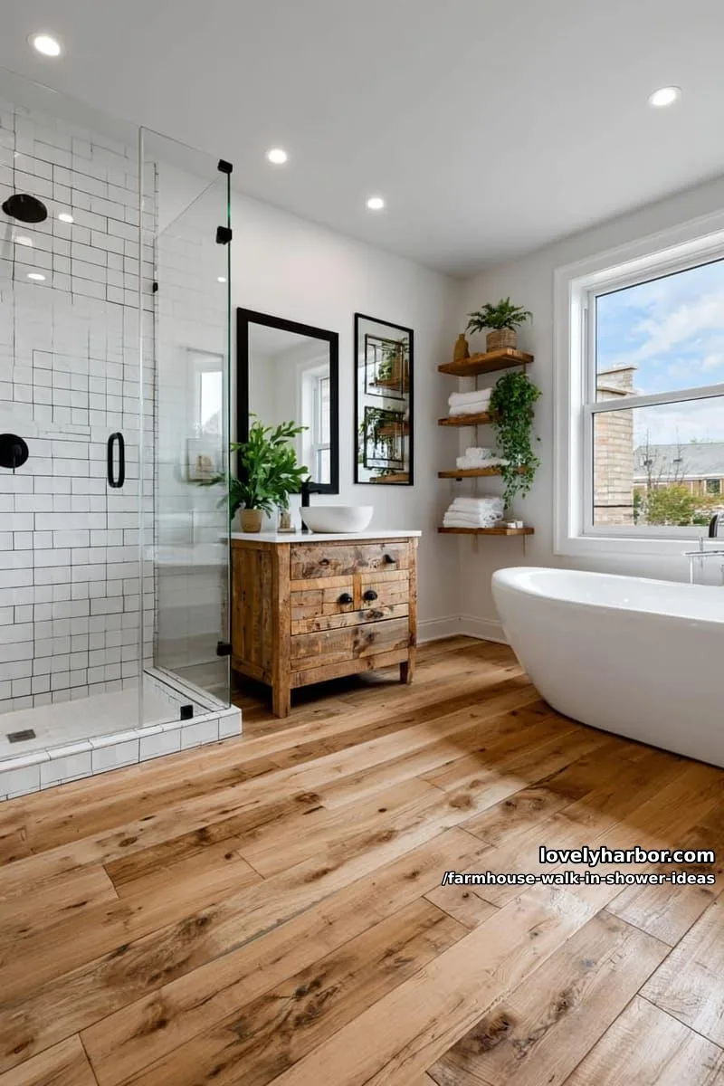 farmhouse bathroom with glass walk-in shower, white tiles, rustic vanity, and greenery. 1