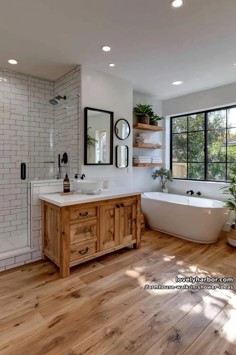 farmhouse bathroom with glass walk-in shower, white tiles, rustic vanity, and greenery. 1