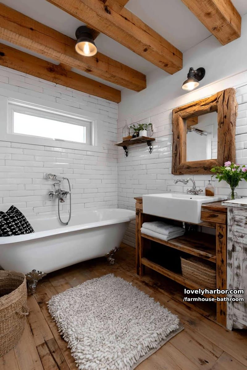 farmhouse bathroom with rustic accents, freestanding tub, open shelving, and industrial lights. 1