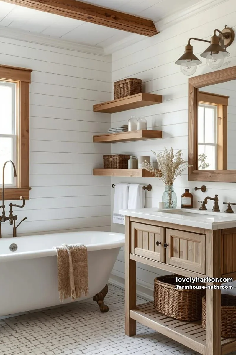 farmhouse bathroom with rustic accents, freestanding tub, open shelving, and industrial lights. 1