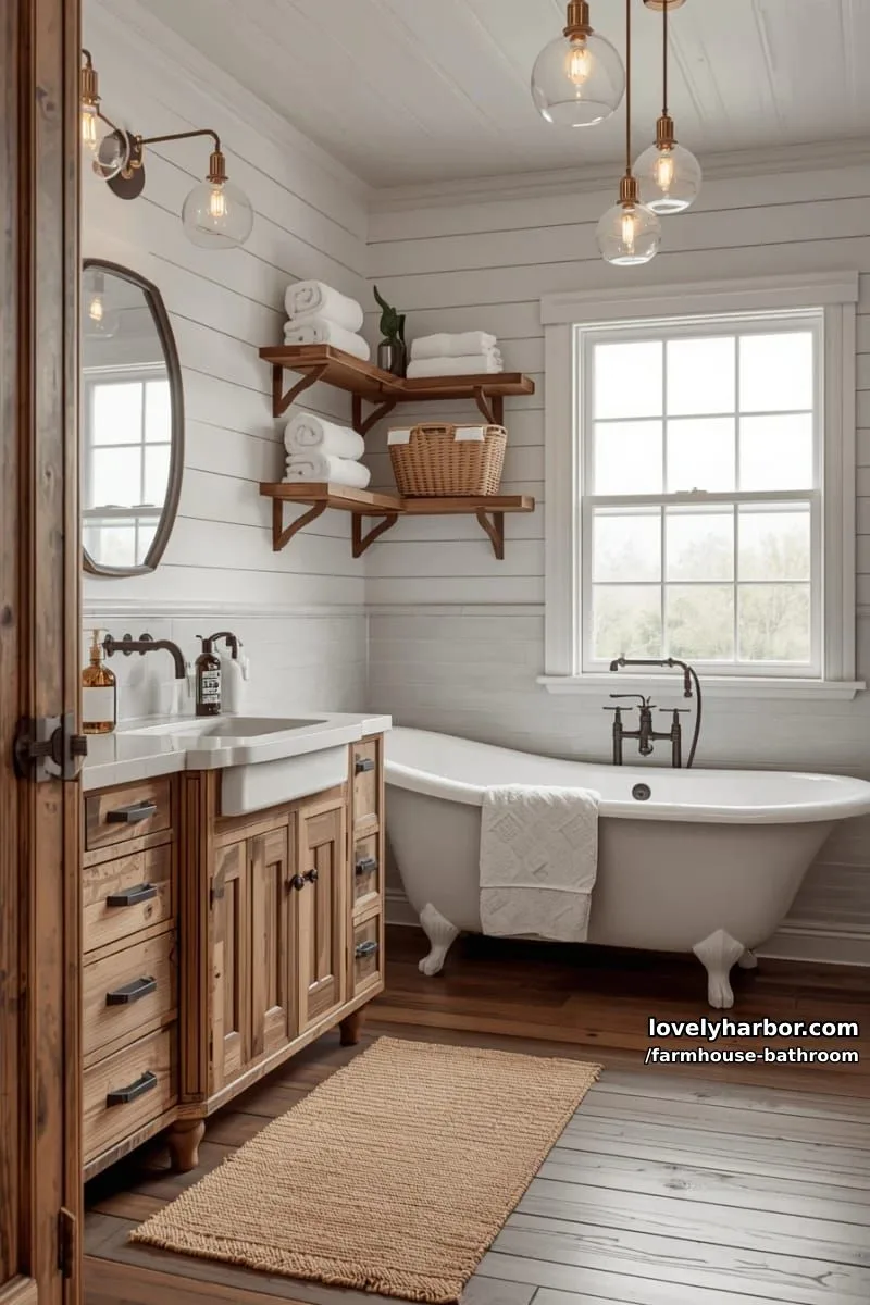 farmhouse bathroom with rustic cabinetry, porcelain sink, clawfoot tub, and glass pendants. 1