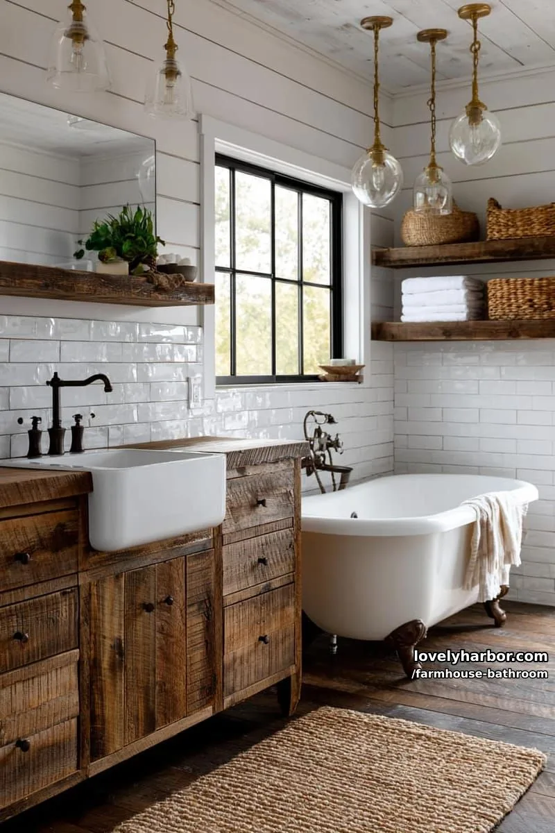 farmhouse bathroom with rustic cabinetry, porcelain sink, clawfoot tub, and glass pendants. 1