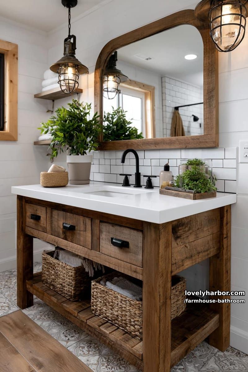 farmhouse bathroom with rustic wood vanity, shiplap walls, and black fixtures. 1