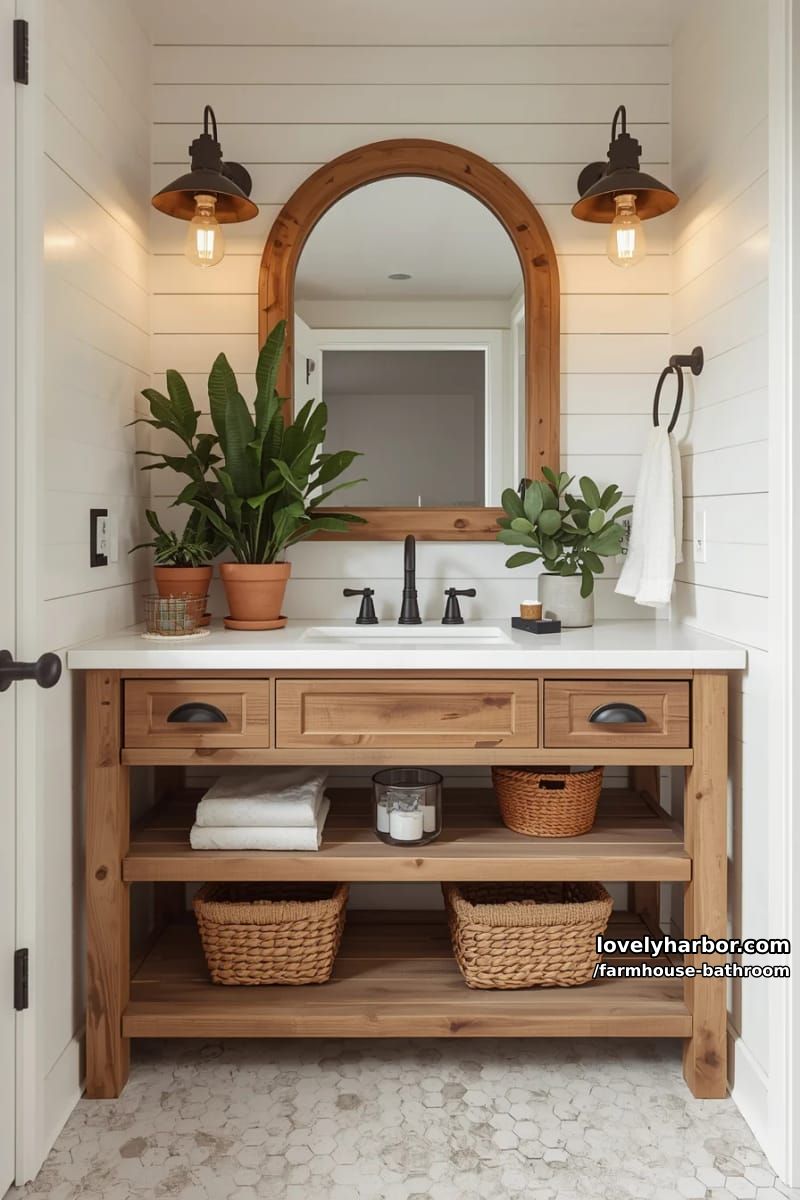 farmhouse bathroom with rustic wood vanity, shiplap walls, and black fixtures. 1