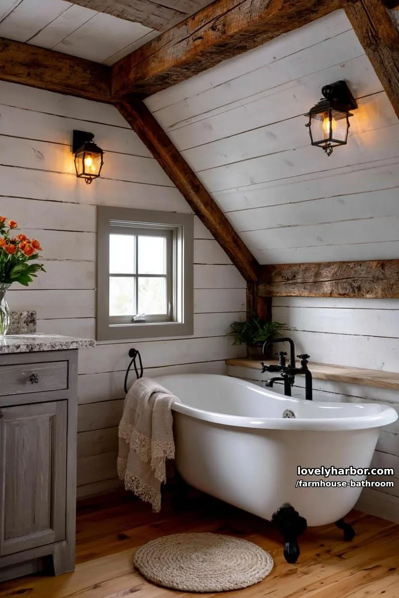 farmhouse bathroom with shiplap, clawfoot tub, lantern wall lights, and wood vanity. 1