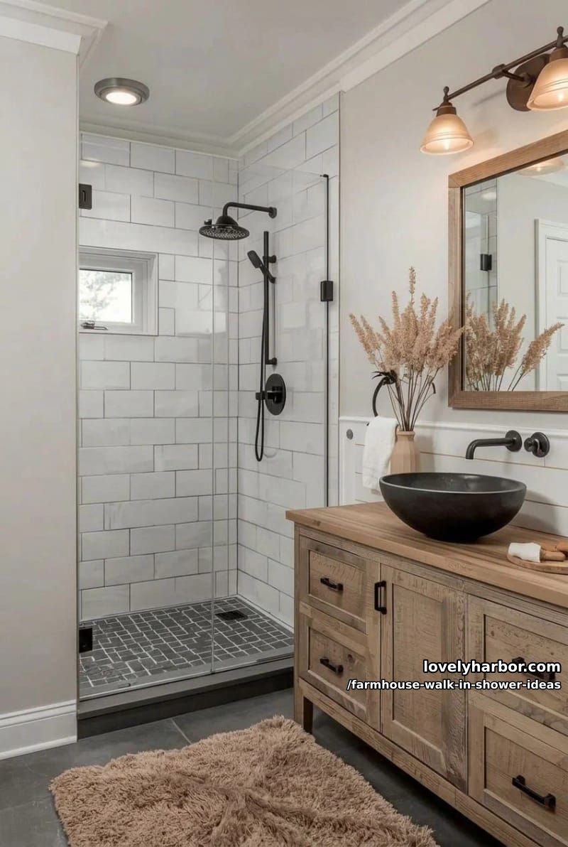 farmhouse bathroom with walk-in shower, white subway tiles, and rustic wood accents. 1