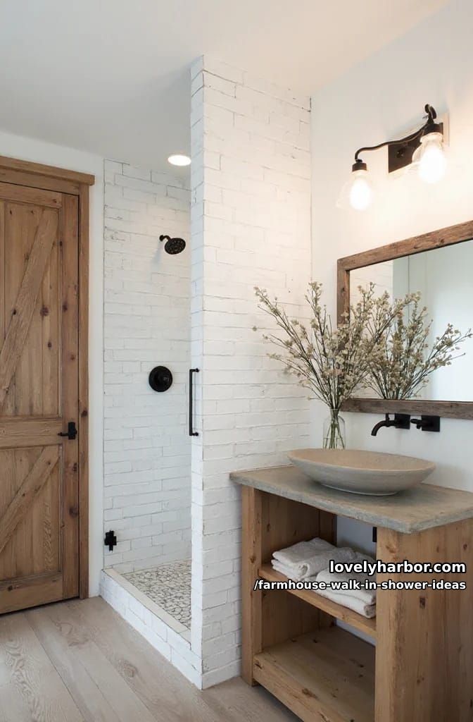 farmhouse bathroom with walk-in shower, white subway tiles, and rustic wood accents. 1