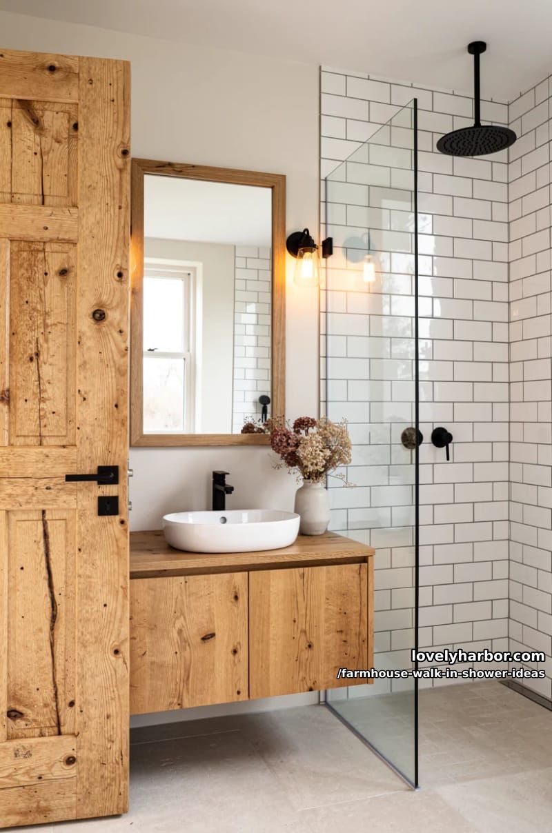 farmhouse bathroom with walk-in shower, white subway tiles, and rustic wood accents. 1