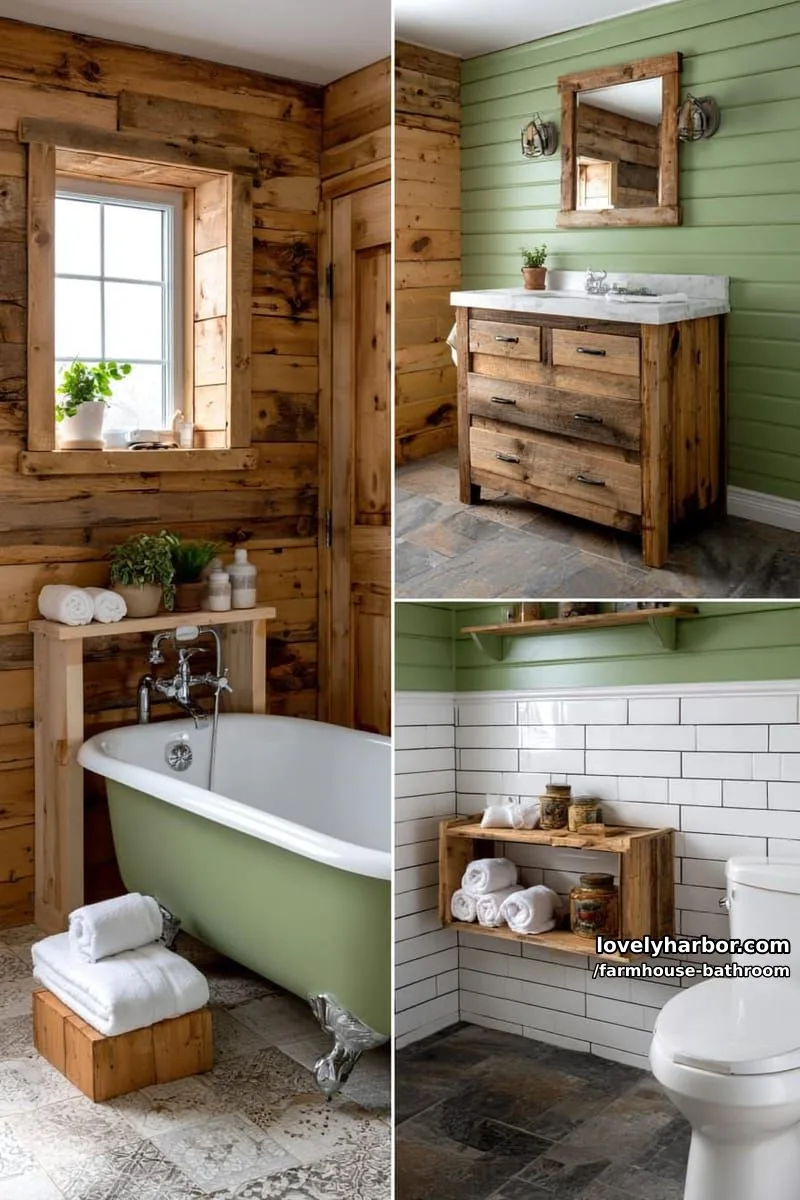 farmhouse bathroom with wood paneling, green tub, reclaimed wood vanity, and open shelves. 1