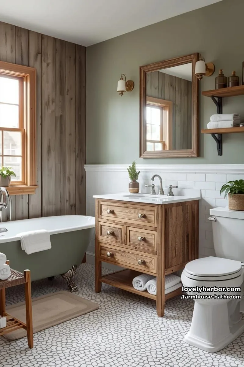 farmhouse bathroom with wood paneling, green tub, reclaimed wood vanity, and open shelves. 1