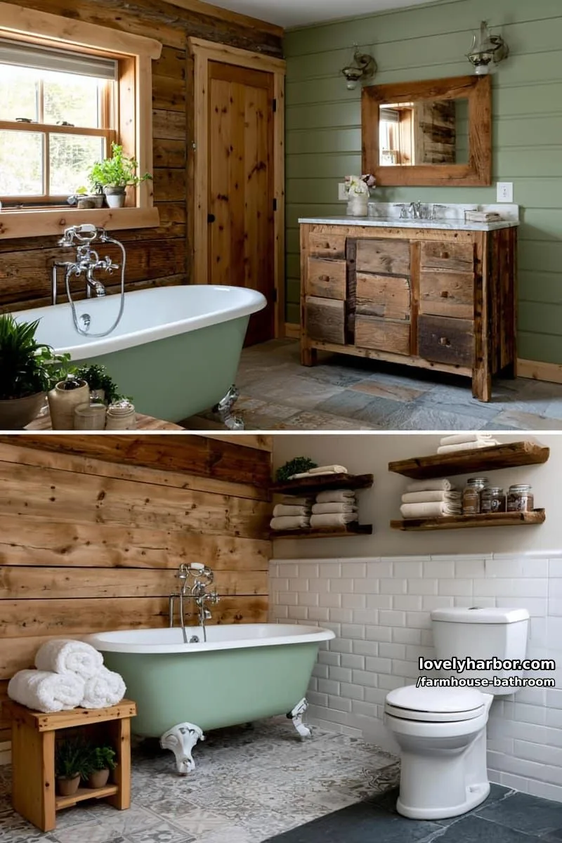 farmhouse bathroom with wood paneling, green tub, reclaimed wood vanity, and open shelves. 1