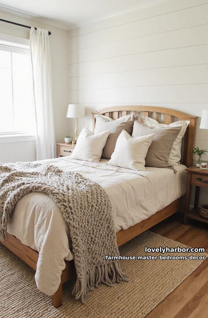 farmhouse bedroom with chunky knit blanket, jute rug, and gold lamps. 1