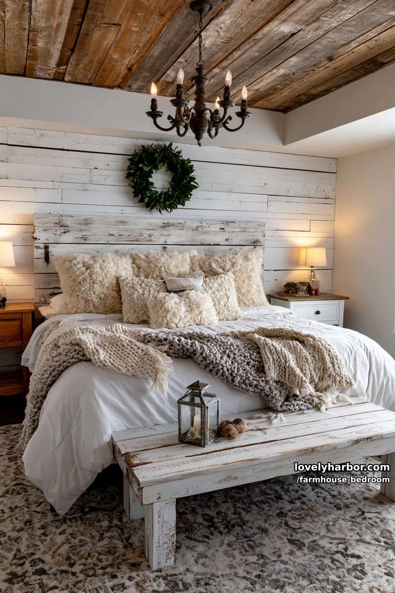 farmhouse bedroom with distressed headboard, white plank wall, and green wreath. 1