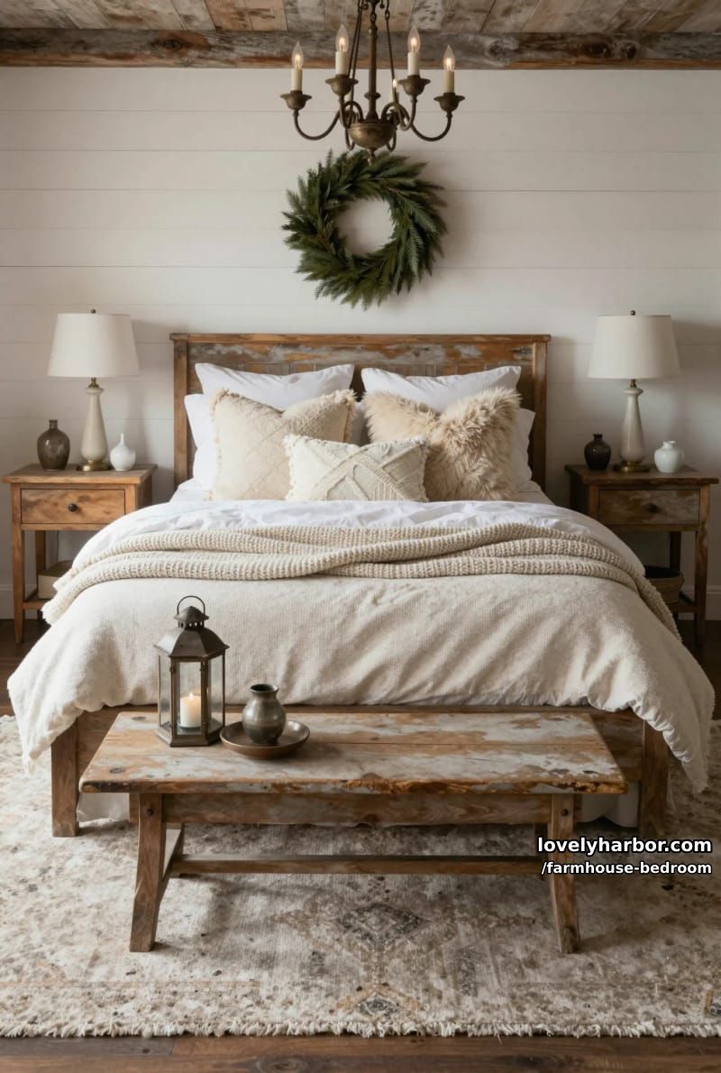 farmhouse bedroom with distressed headboard, white plank wall, and green wreath. 1