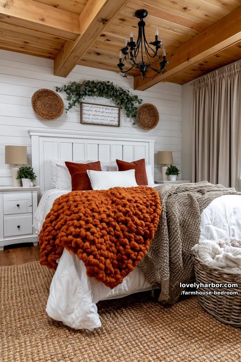 farmhouse bedroom with rust and taupe pillows, orange knit blanket, and eucalyptus garland. 1