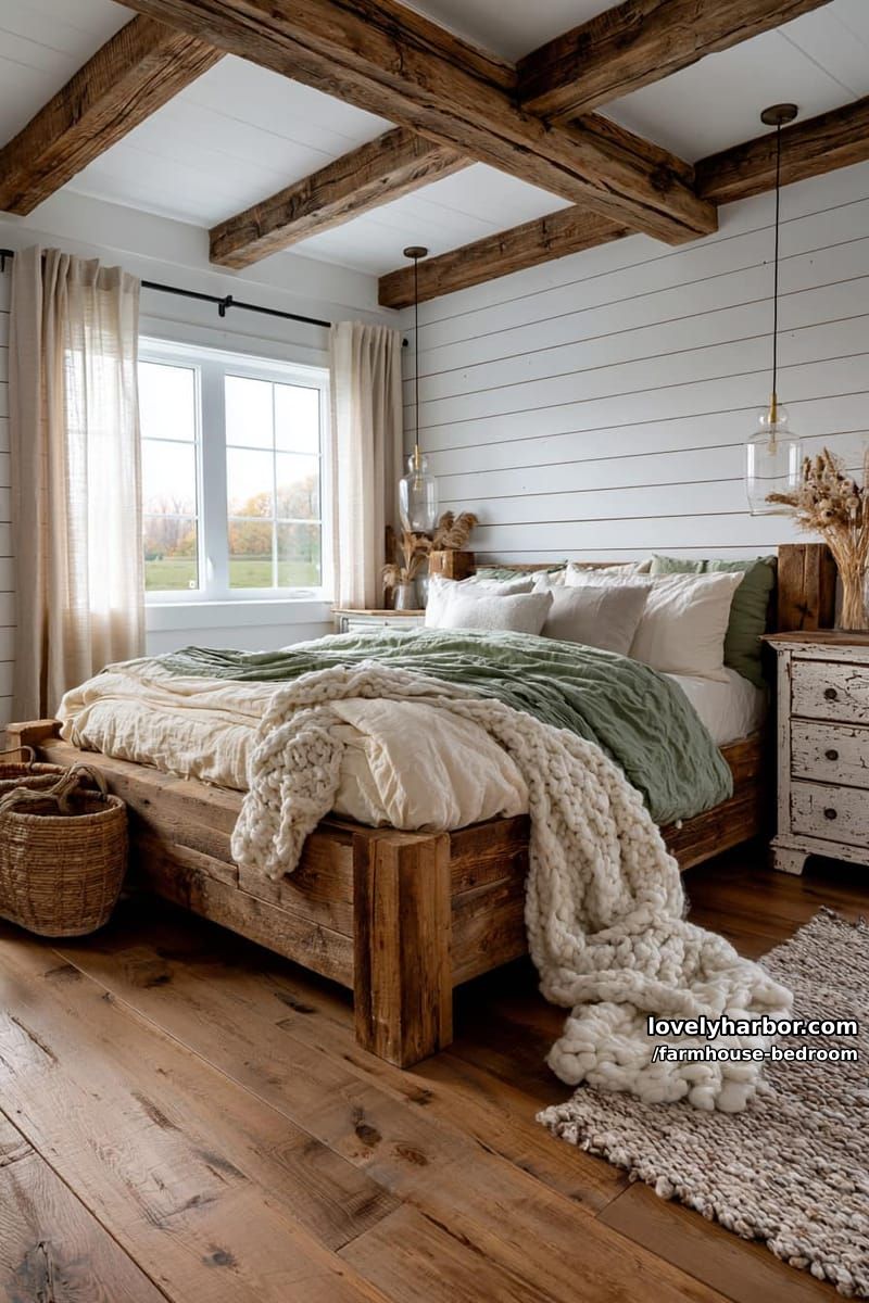 farmhouse bedroom with shiplap walls, glass pendant lamps, and chunky knit blanket. 1