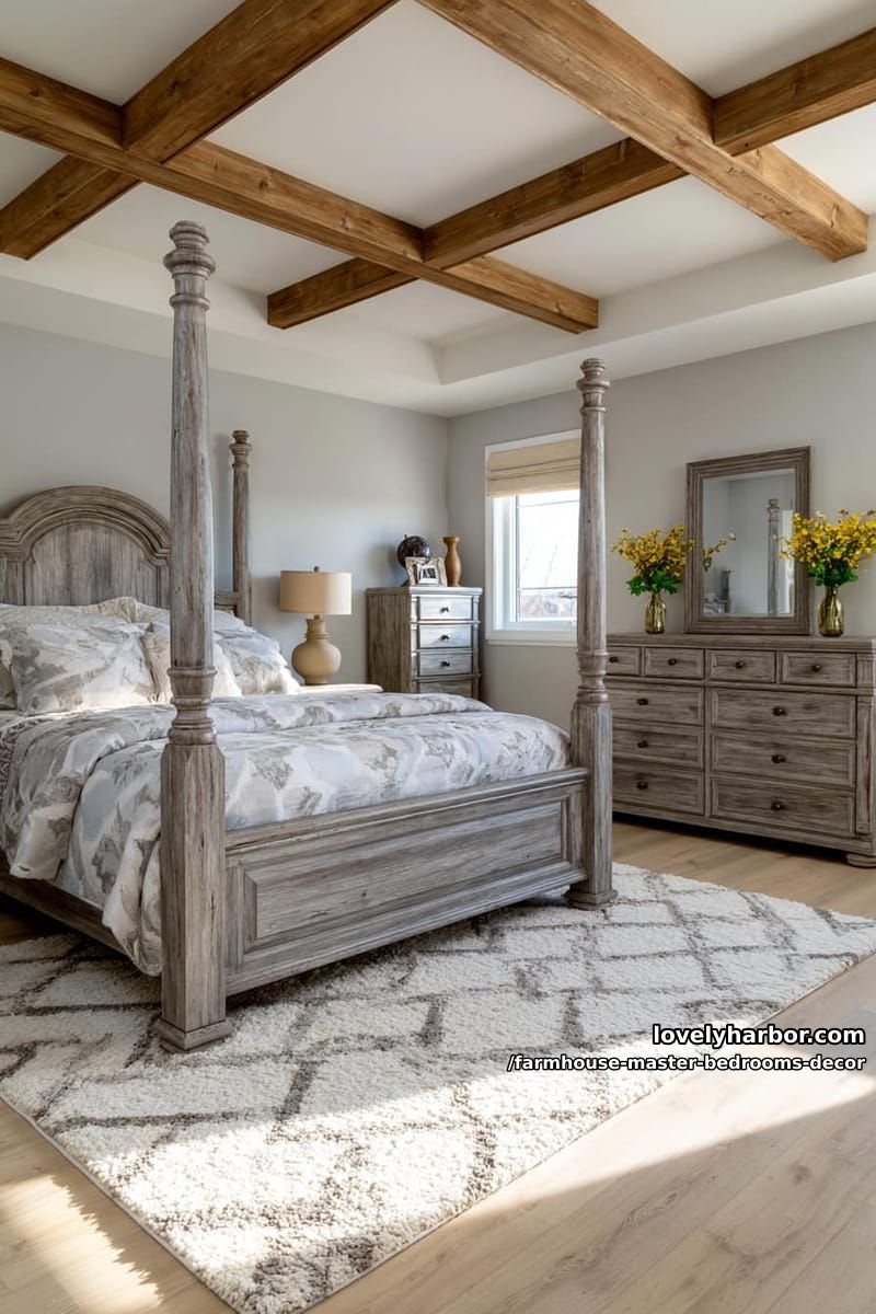 farmhouse bedroom with weathered gray wood furniture and exposed ceiling beams. 1