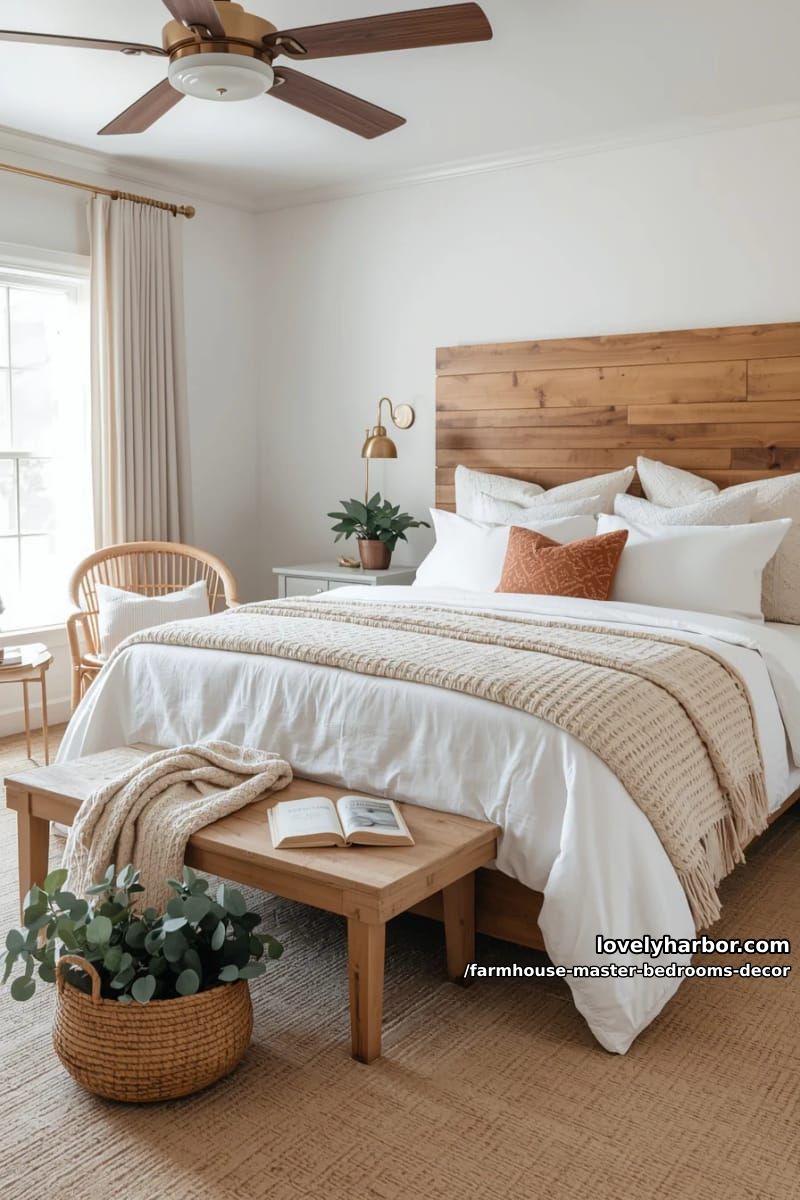 farmhouse bedroom with white bedding, rust accent pillow, and rattan chair. 1