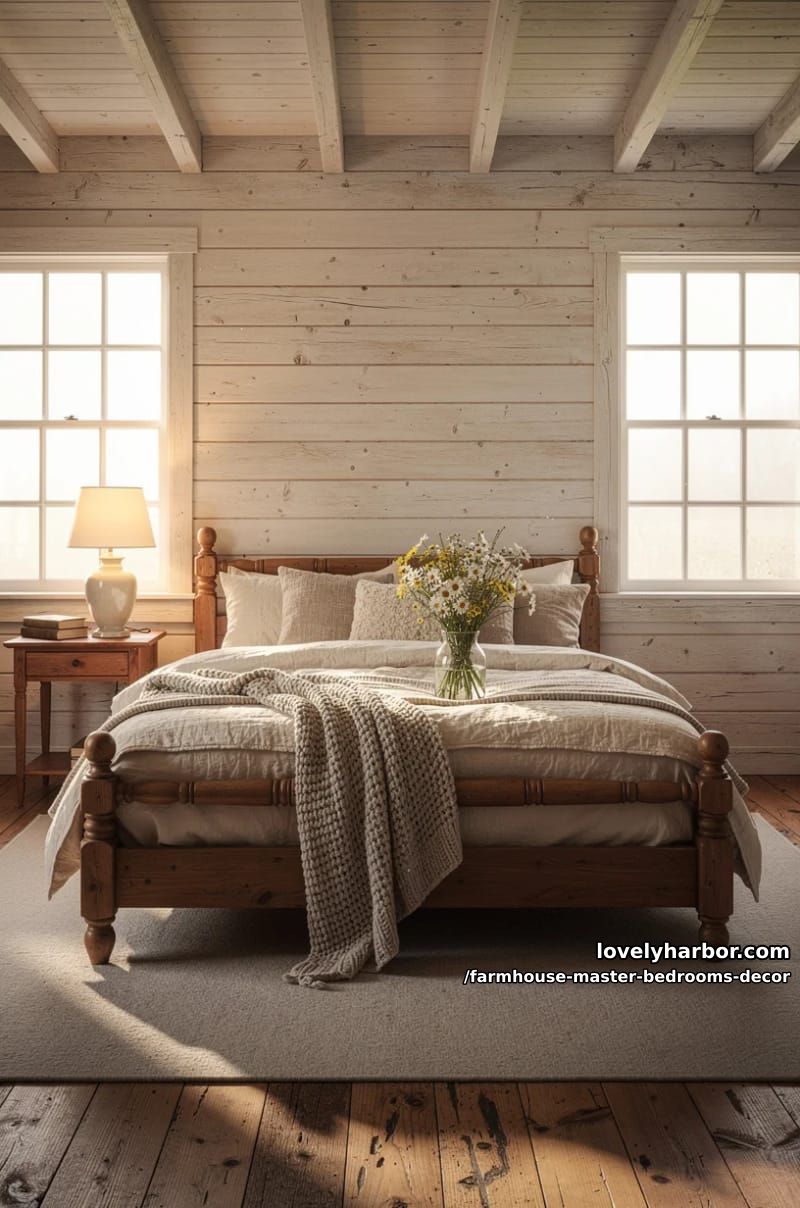 farmhouse bedroom with whitewashed plank walls, wildflowers, and cozy layering. 1