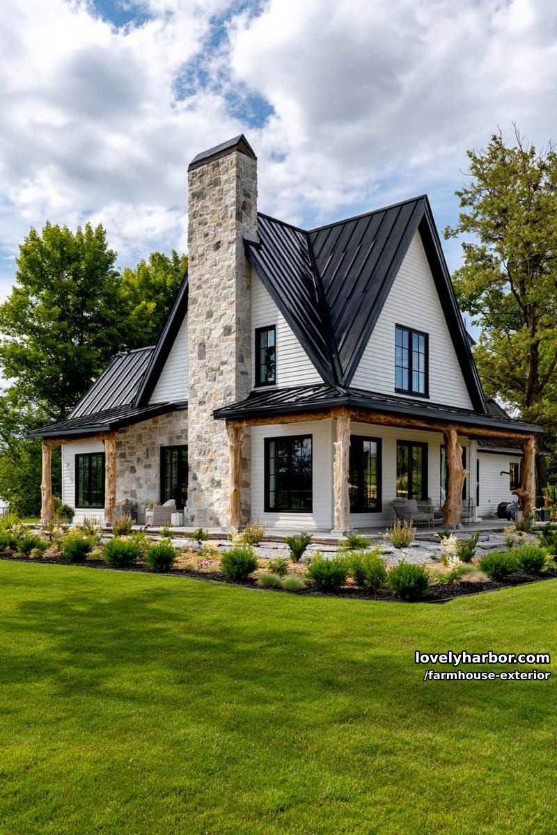 farmhouse, black metal roof, stone chimney, white siding, wraparound porch, flowering garden. 1