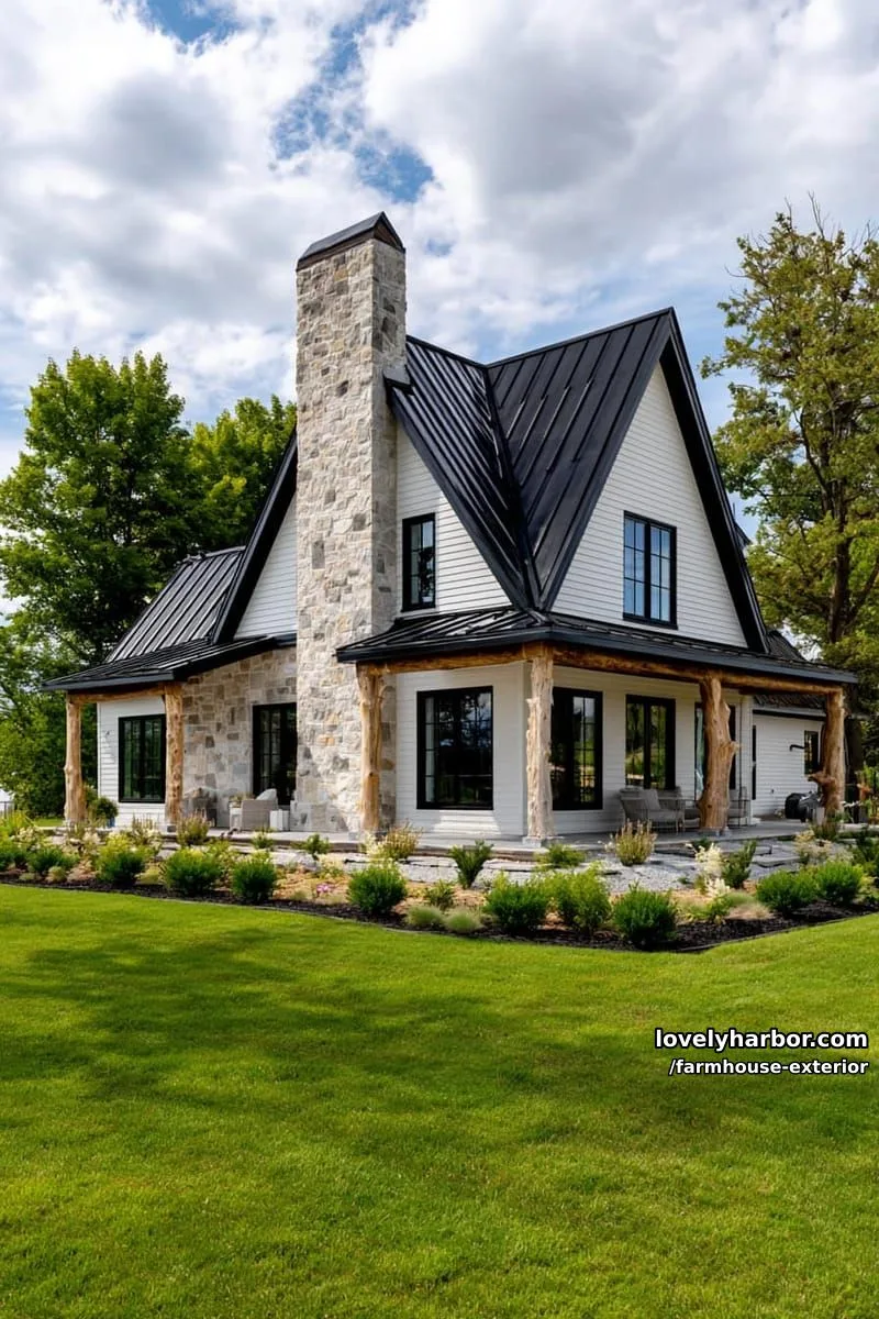 44 New Farmhouse Exterior Designs To Copy 62 farmhouse, black metal roof, stone chimney, white siding, wraparound porch, flowering garden. 1