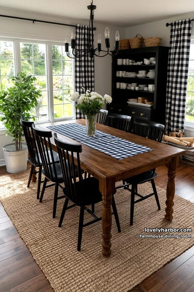 44 Rustic Farmhouse Dining Rooms to Inspire Your Space 36 farmhouse dining room with black spindle chairs, blue check runner, buffalo check curtains, black hutch. 1