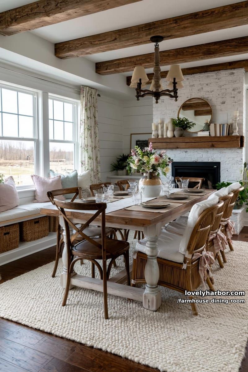 farmhouse dining room with wooden table, mix of chairs, fireplace, window seat. 1