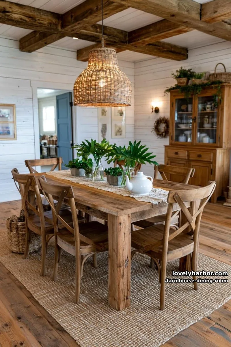 44 Rustic Farmhouse Dining Rooms to Inspire Your Space 14 farmhouse dining room with x-back chairs, lace runner, rattan pendant, blue door. 1