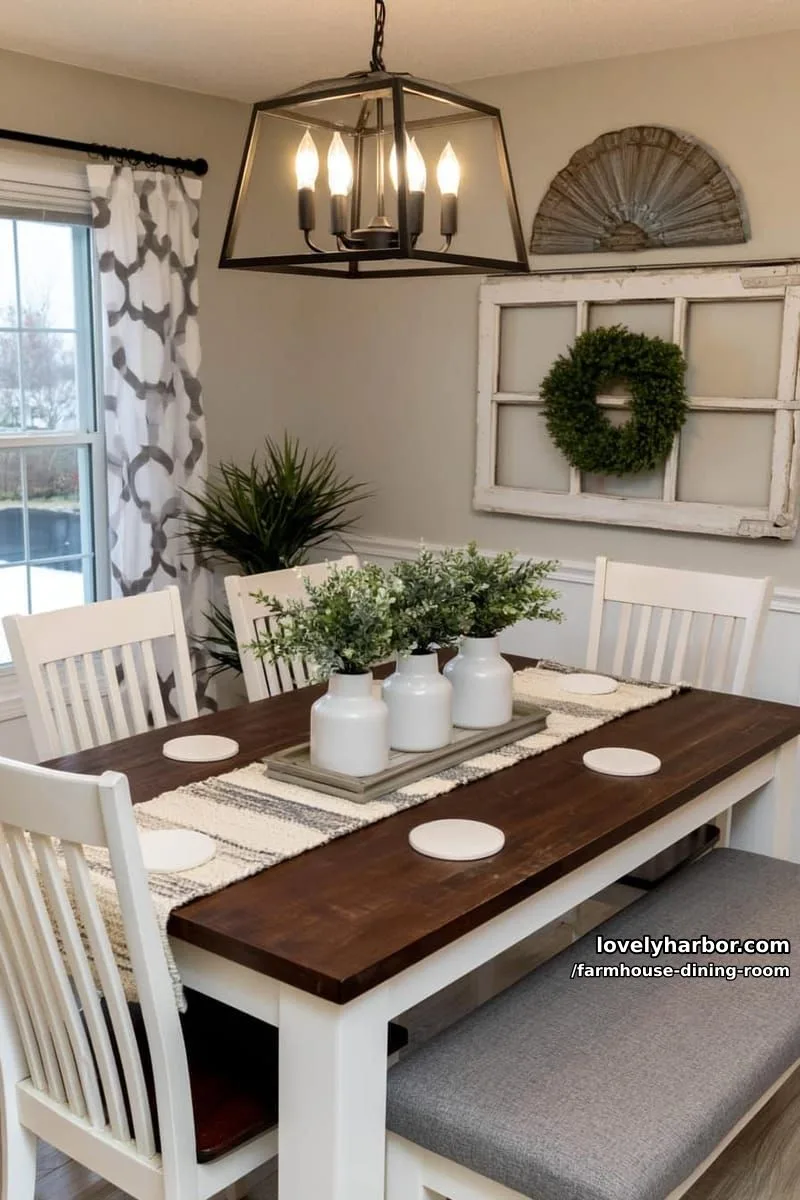 44 Rustic Farmhouse Dining Rooms to Inspire Your Space 44 farmhouse dining with dark top table, white chairs, bench, window frame wreath, metal pendant. 1