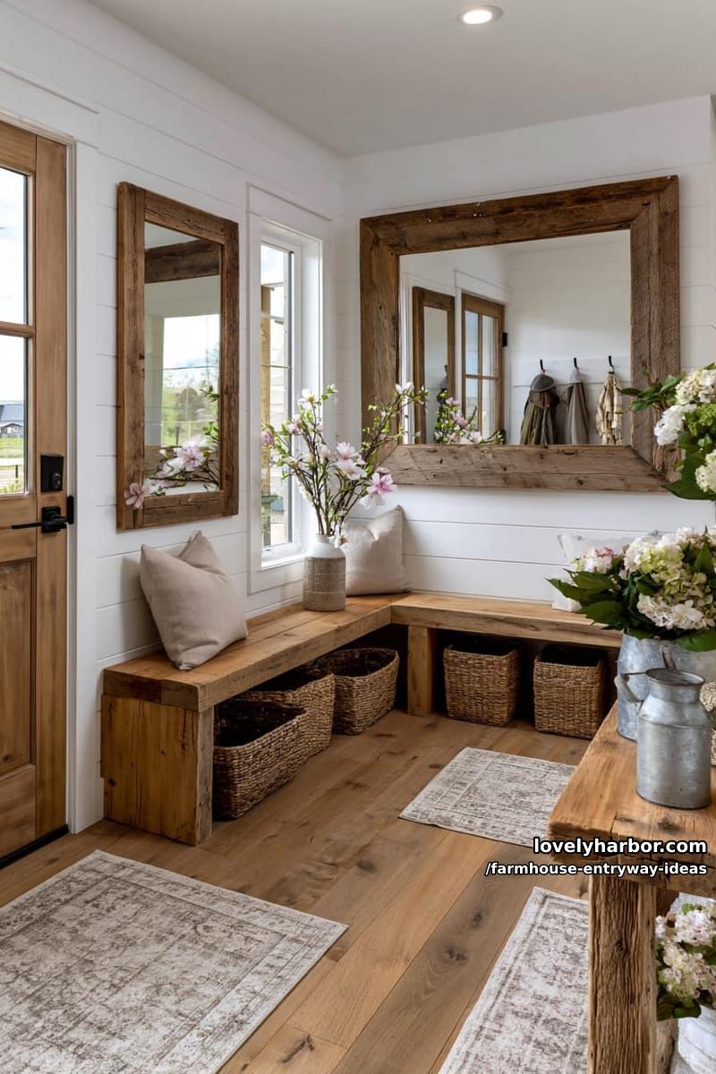farmhouse entrance with shiplap, wood benches, oversized mirrors, and florals. 1